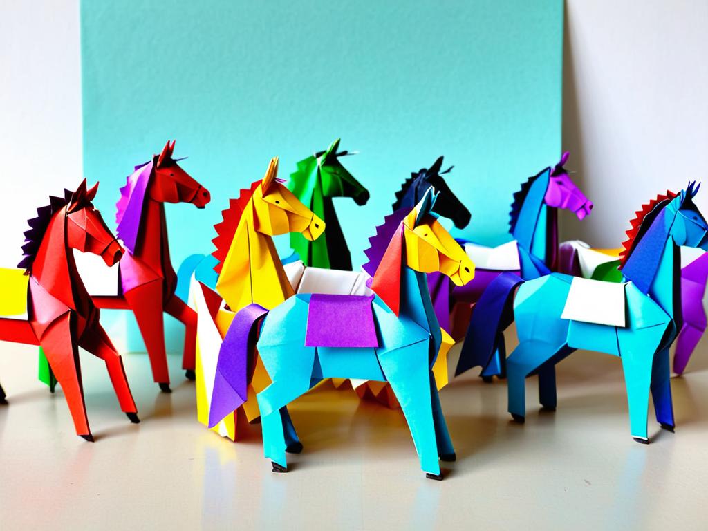 Разноцветные бумажные лошадки оригами на карусели