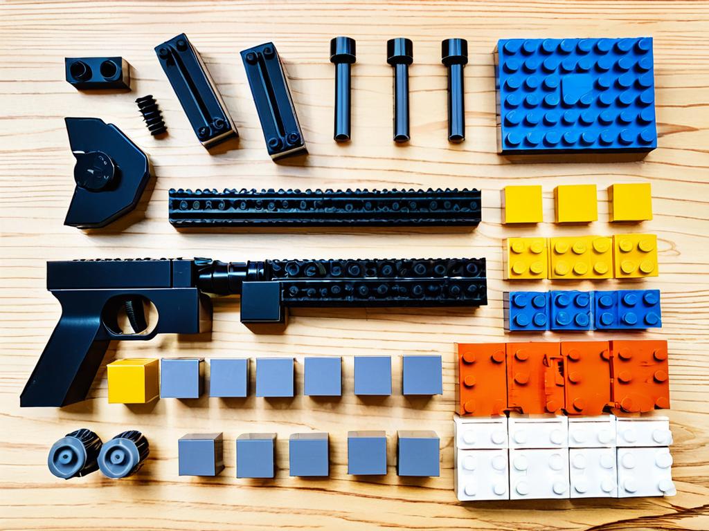 Различные детали лего разложенные на столе, чтобы выбрать подходящие для сборки пистолета