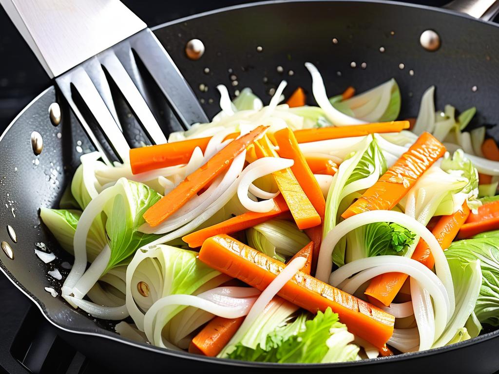 Крупный план жареной на сковороде капусты, моркови и лука
