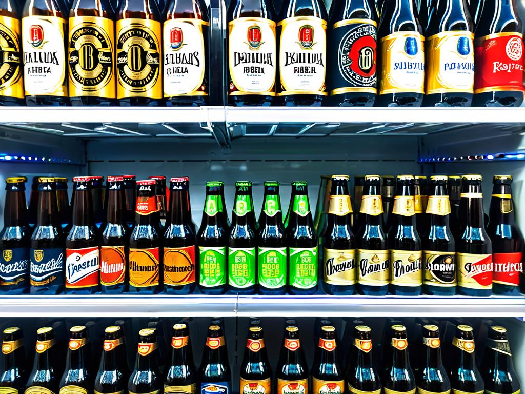 Различные бутылки пива в холодильнике магазина