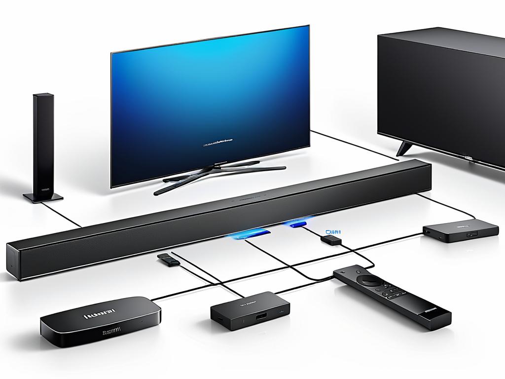 Схема, демонстрирующая разные способы подключения саундбара к телевизору - HDMI, оптический,