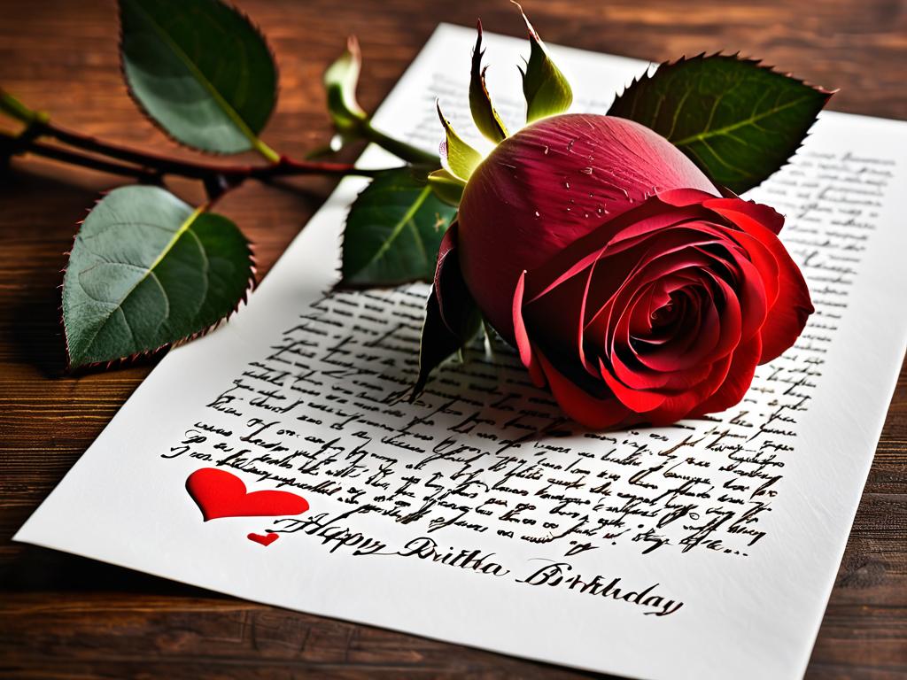 Любовное стихотворное поздравление на листе бумаги рядом с красной розой на день рождения