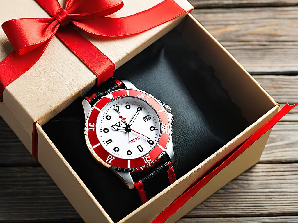 Часы в подарочной коробке, перевязанные красной лентой на деревянном фоне для подарка на день