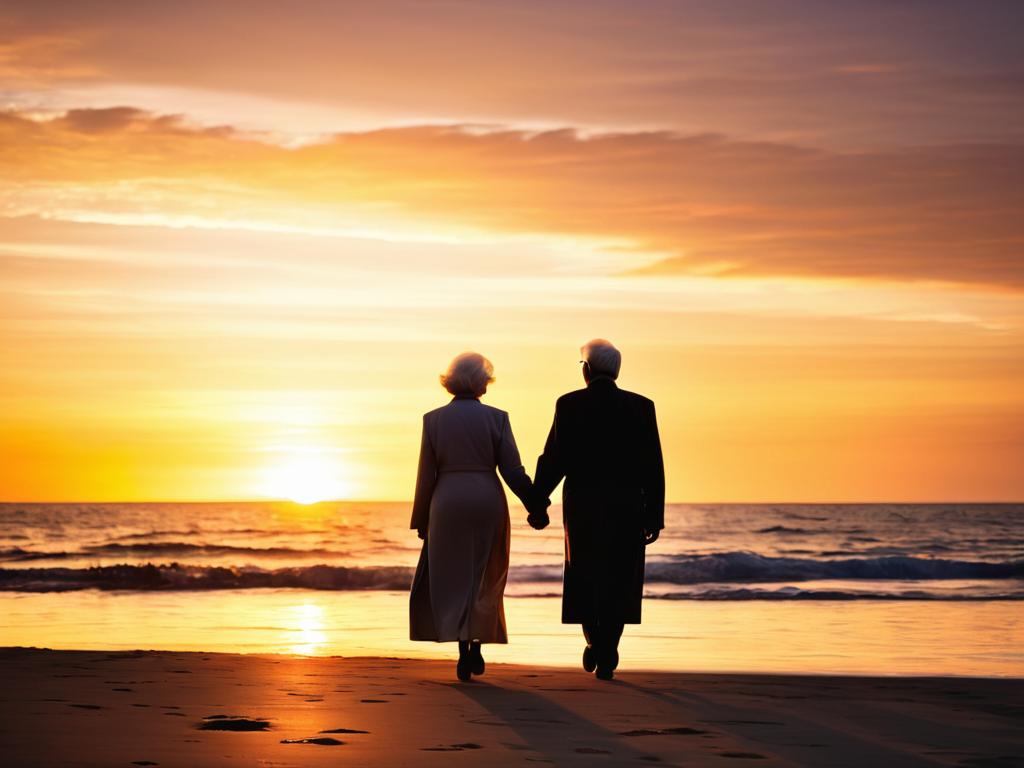 Пожилая пара держится за руки любуясь восходом символ значимости близких в отпущенном нам времени