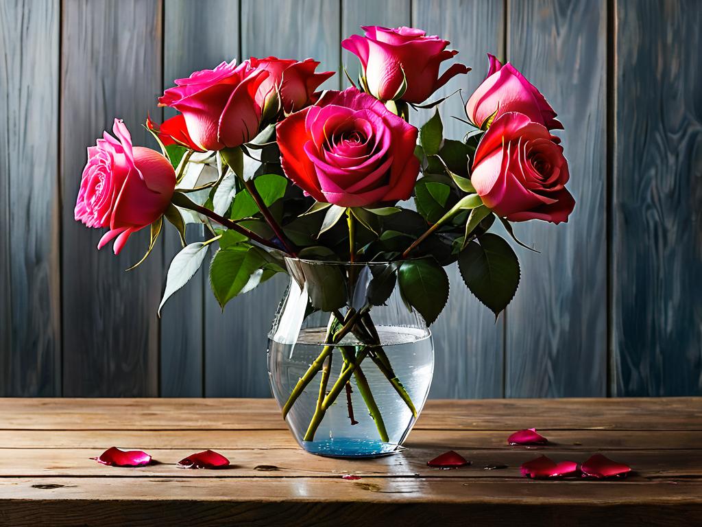 Розовые и красные розы в стеклянной вазе с водой на деревянном столе.