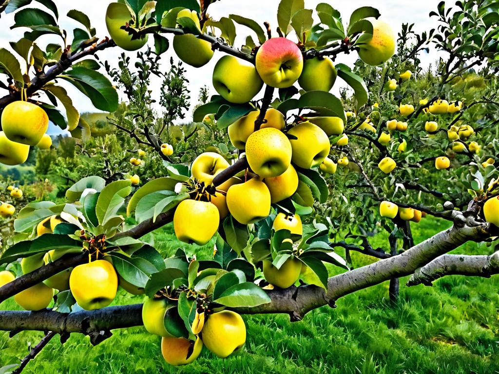 Яблоня в саду, усыпанная спелыми желтыми плодами