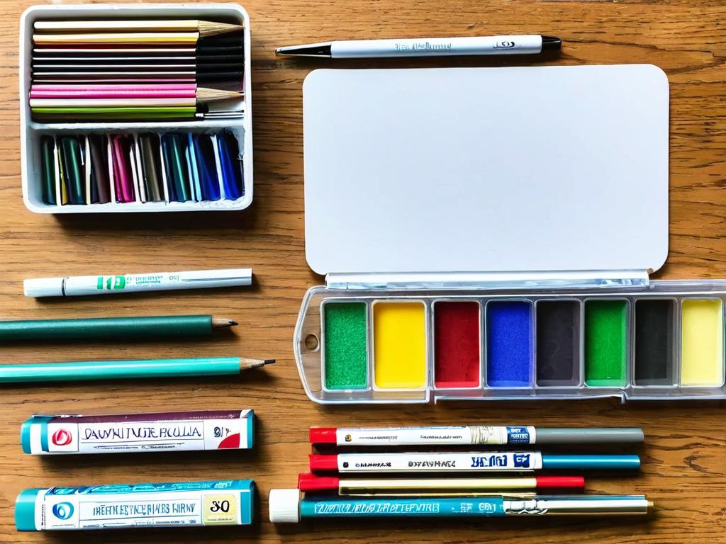 Принадлежности для рисования на столе в готовности к творчеству