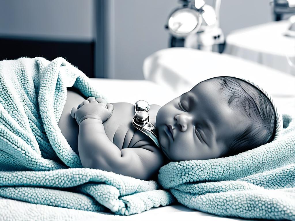 Новорожденный ребенок спит в больничной кроватке, укрытый одеялом