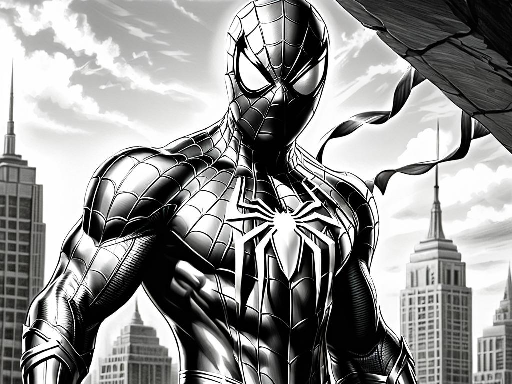 Детальный рисунок Человека-паука с проработкой мускулатуры и деталями костюма