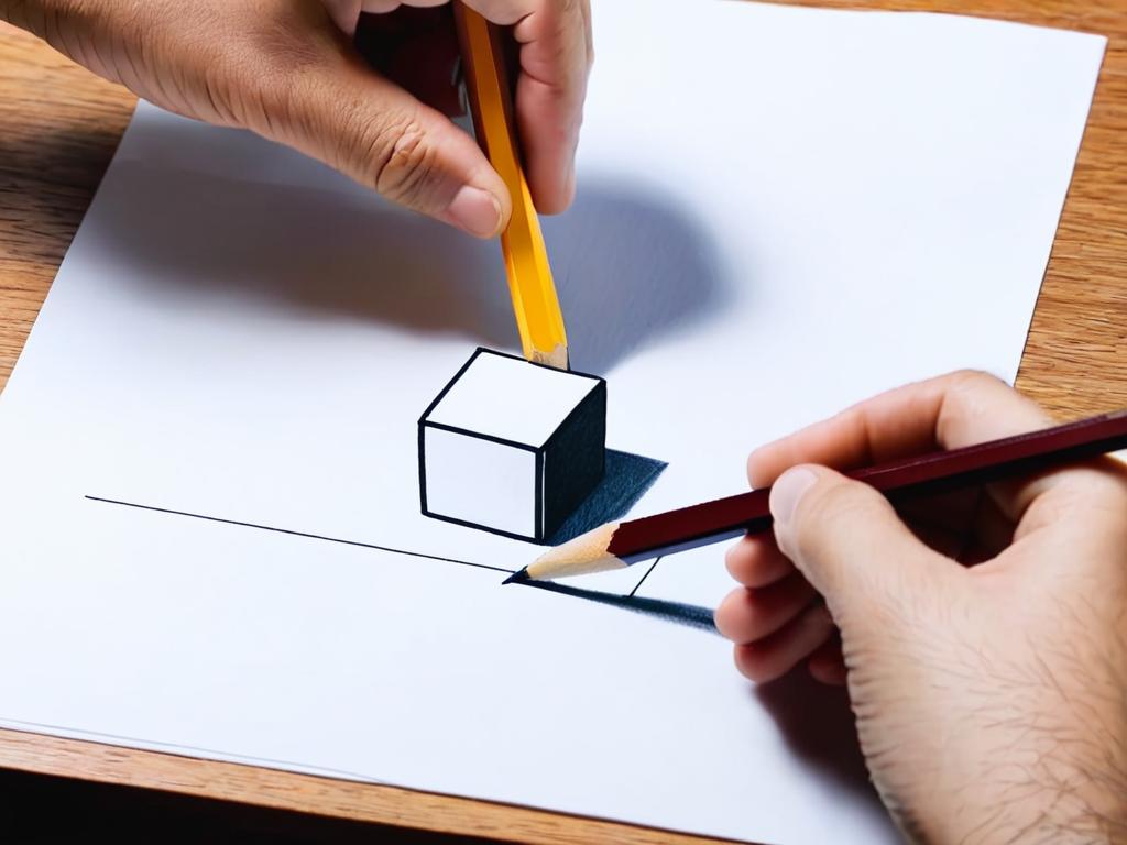 Мужчина рисует куб карандашом на бумаге