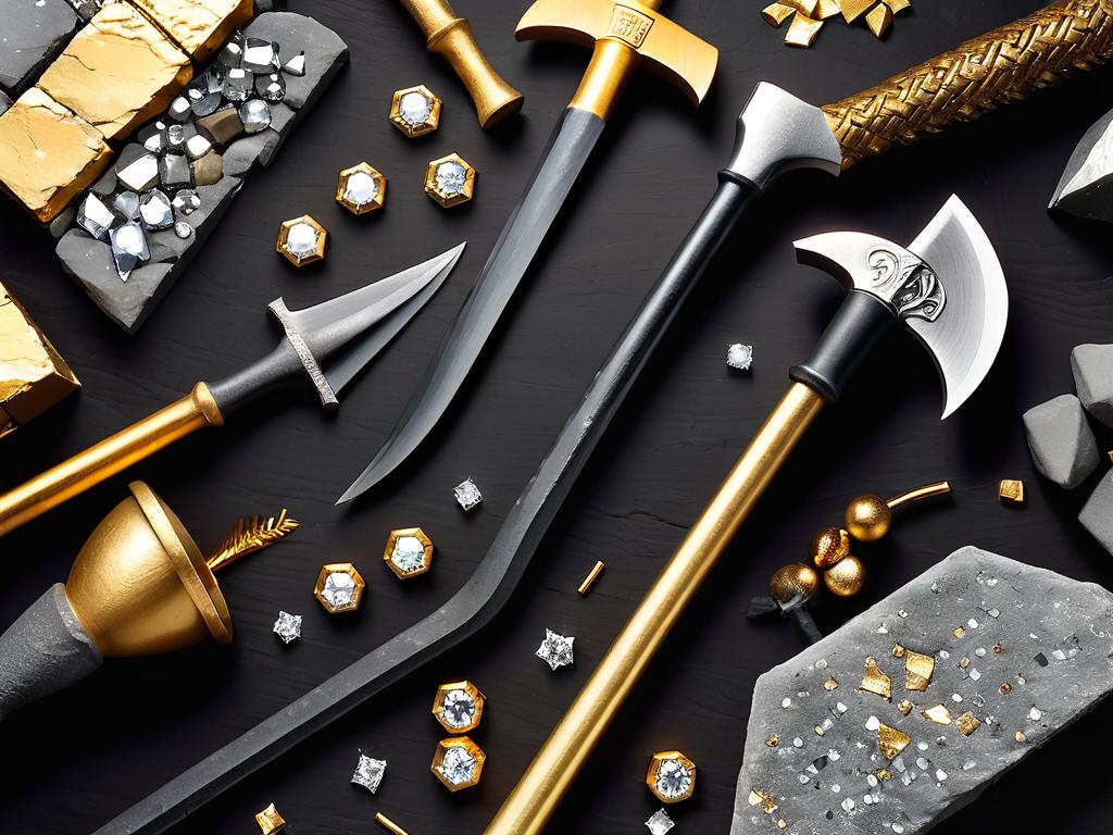 Каменные, железные, золотые и алмазные кирки на верстаке с материалами для крафта