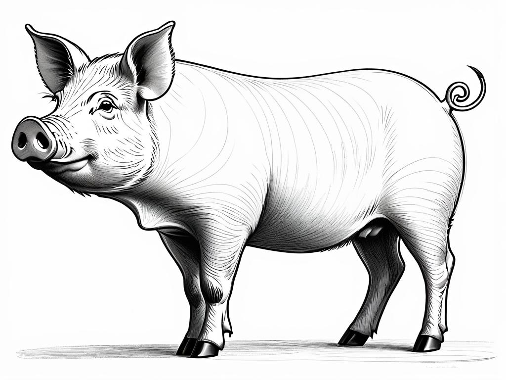 Карандашный набросок основных фигур свиньи - круги для тела и головы и линии для ног, пятачка и