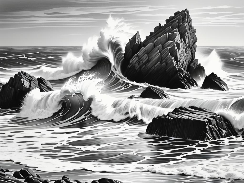 Графический эскиз морских волн и скал карандашом на бумаге. Детальный рисунок в градациях серого