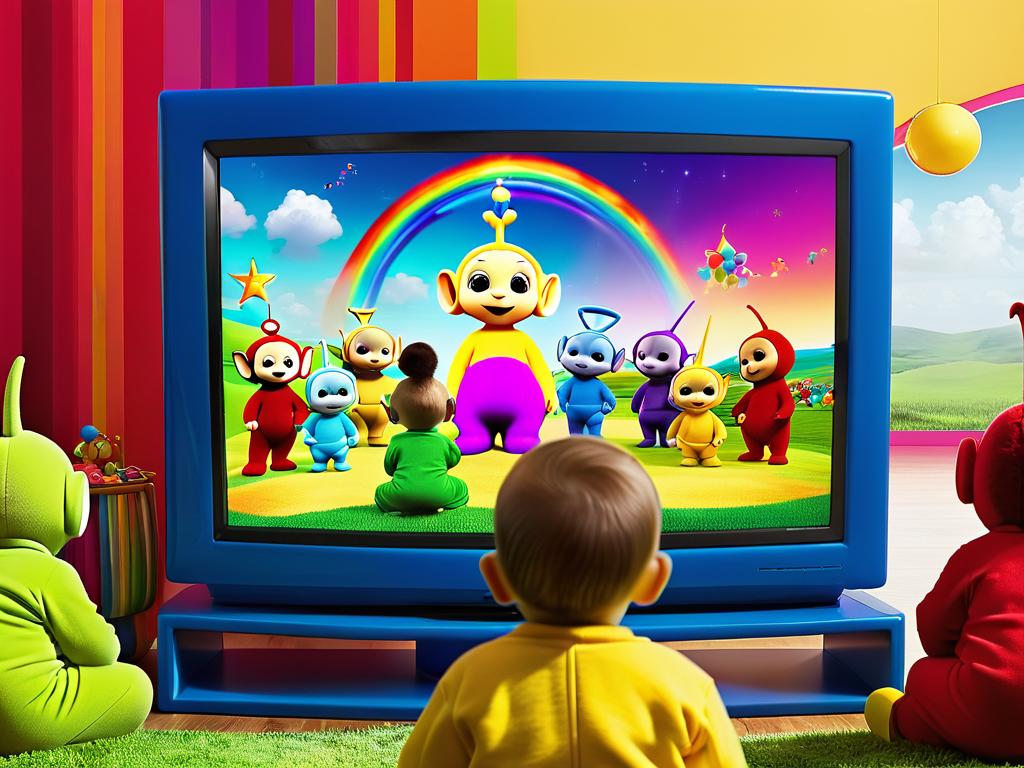 Ребенок смотрит ярких персонажей «Телепузиков» на экране телевизора