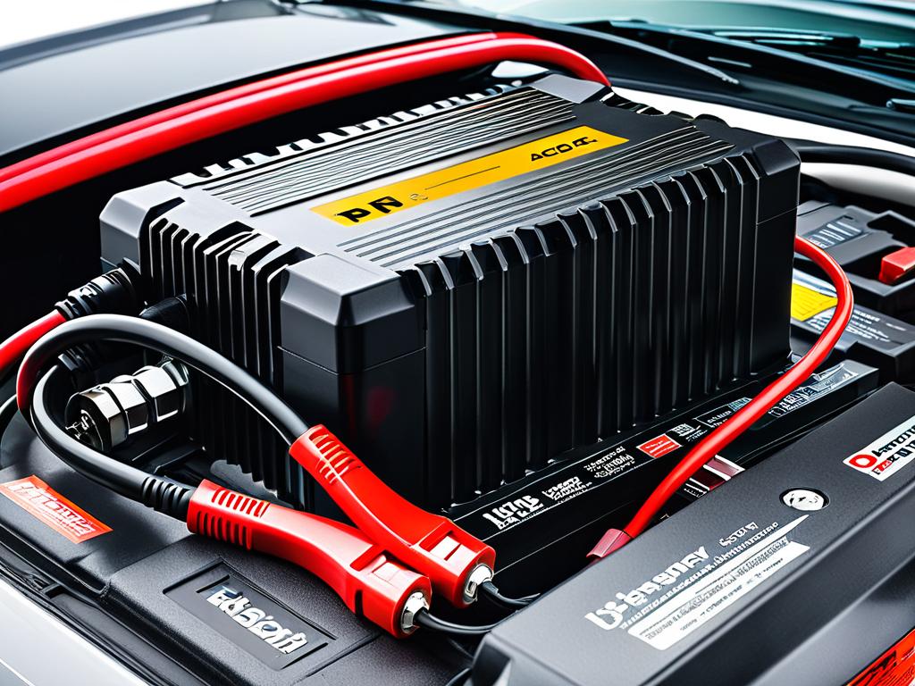 Зарядное устройство заряжает свинцово-кислотный аккумулятор автомобиля