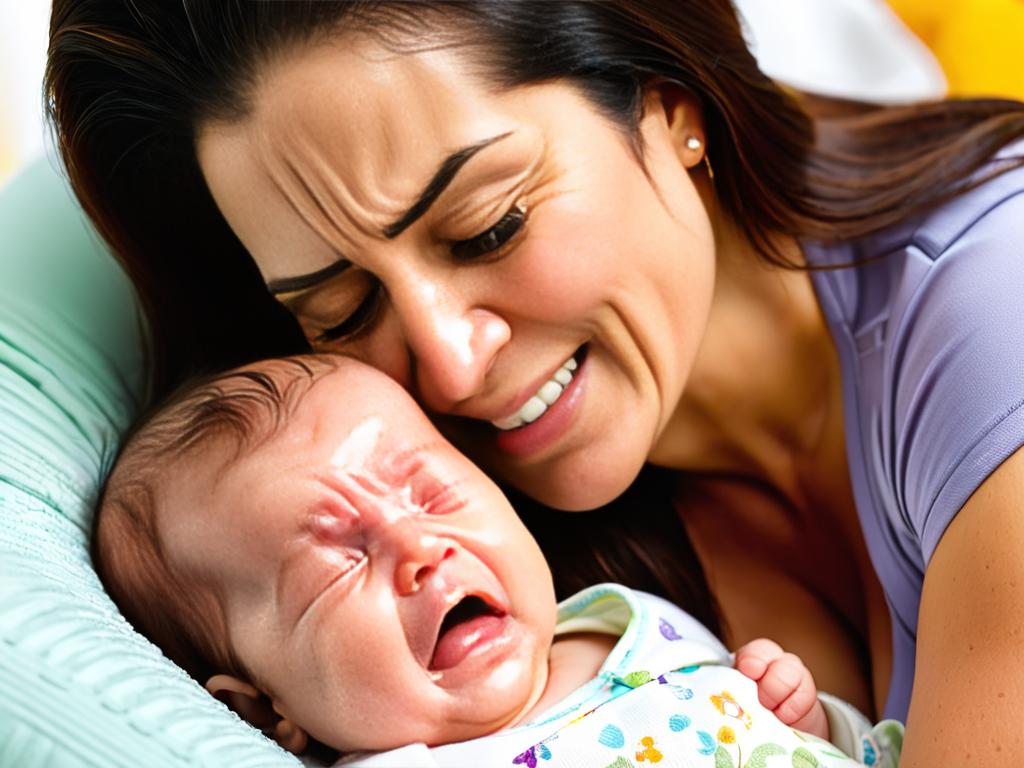 Мама обнимает плачущего новорожденного, пытаясь успокоить его икоту