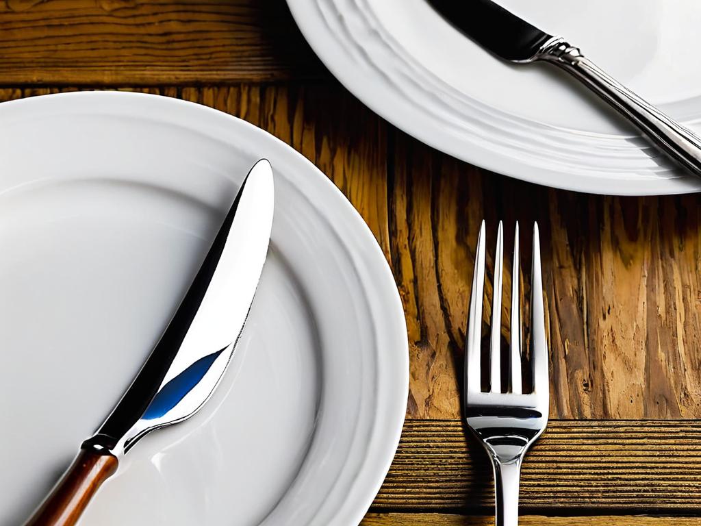 Вилка и нож лежат рядом с белой тарелкой на деревянном столе
