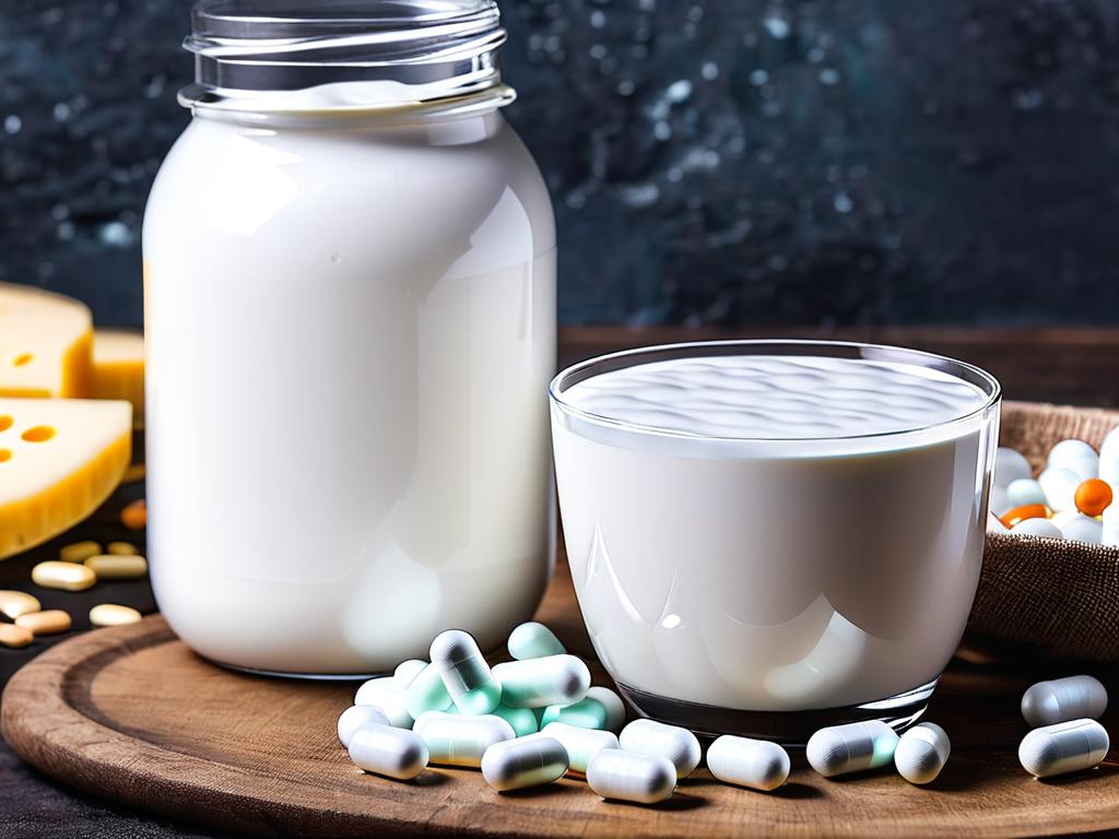 Пробиотики в капсулах и йогурт с живыми культурами для здоровья кишечника