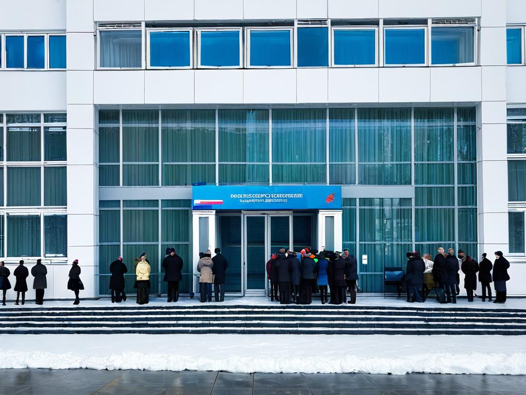 Вид снаружи российского МФЦ с очередью людей