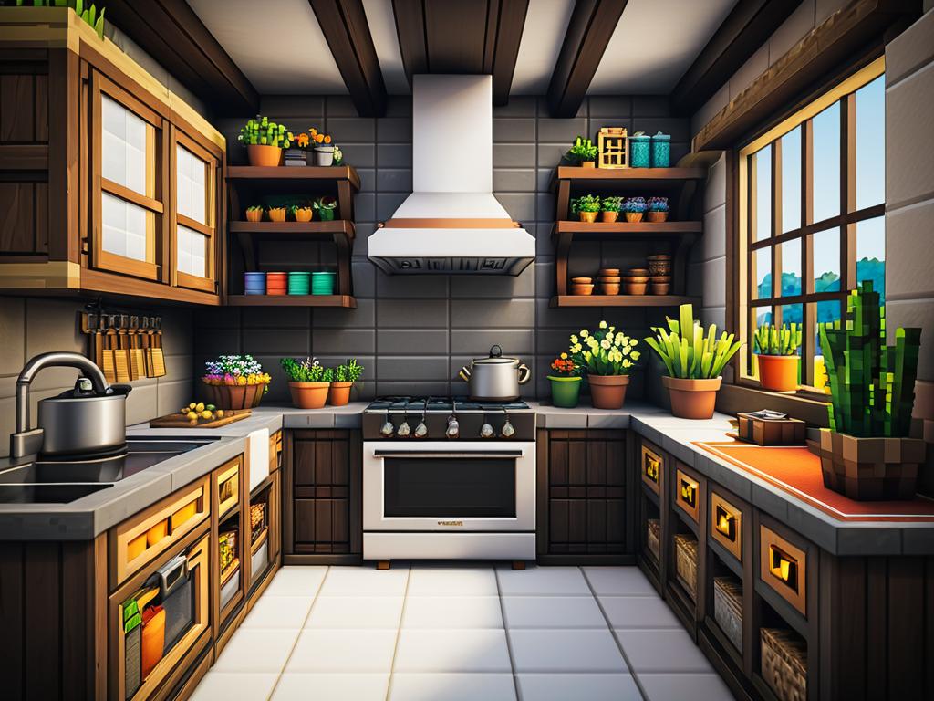 Детализированная кухня в Майнкрафте с горшками с цветами, предметными рамками с едой, картиной,