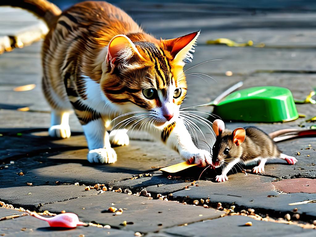 Фото кошки, ловящей мышь