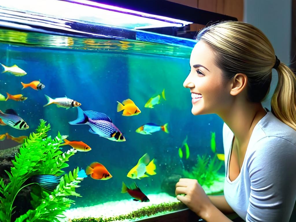 Счастливая молодая женщина смотрит на аквариумных рыбок дома