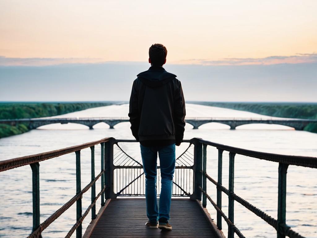 Человек стоит на мосту и смотрит вдаль