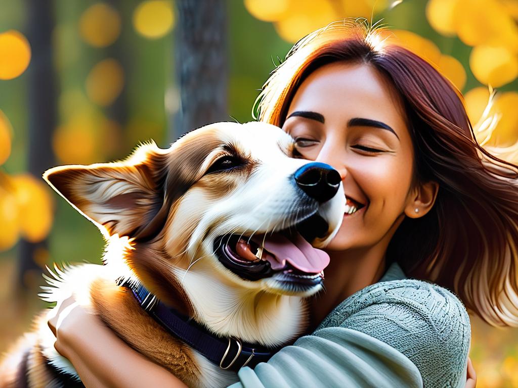 Счастливая женщина обнимает свою собаку, олицетворяя радость и эмоциональную связь в противовес