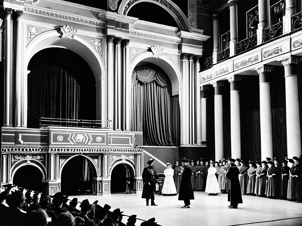 Черно-белая фотография репетиции спектакля по пьесе «На дне» в театре начала 20 века