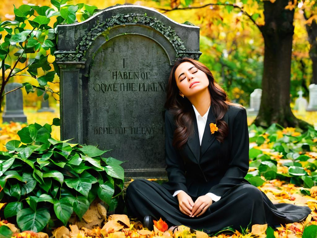 Молодая женщина плачет у заросшей могилы