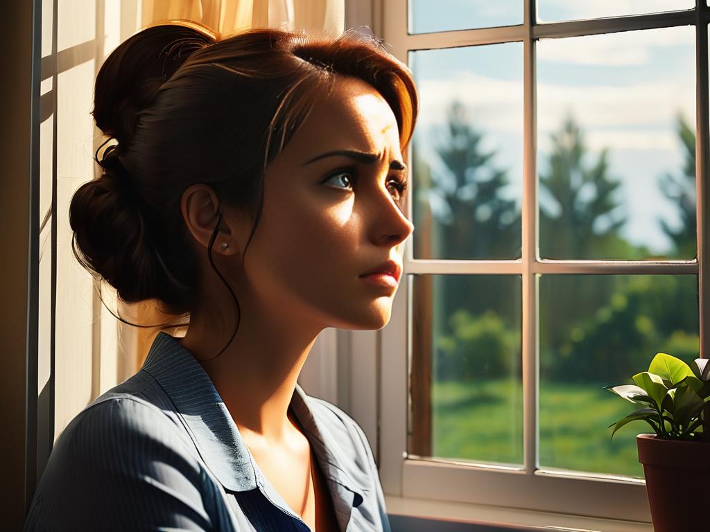 Обеспокоенная женщина смотрит в окно, думает о своих проблемах и видит видение умершего отца