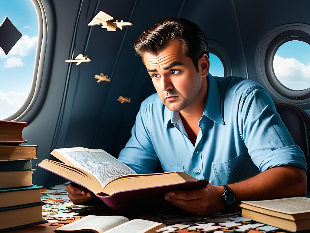 Мужчина в замешательстве пытается расшифровать сон об авиакатастрофе, листая книги по толкованию