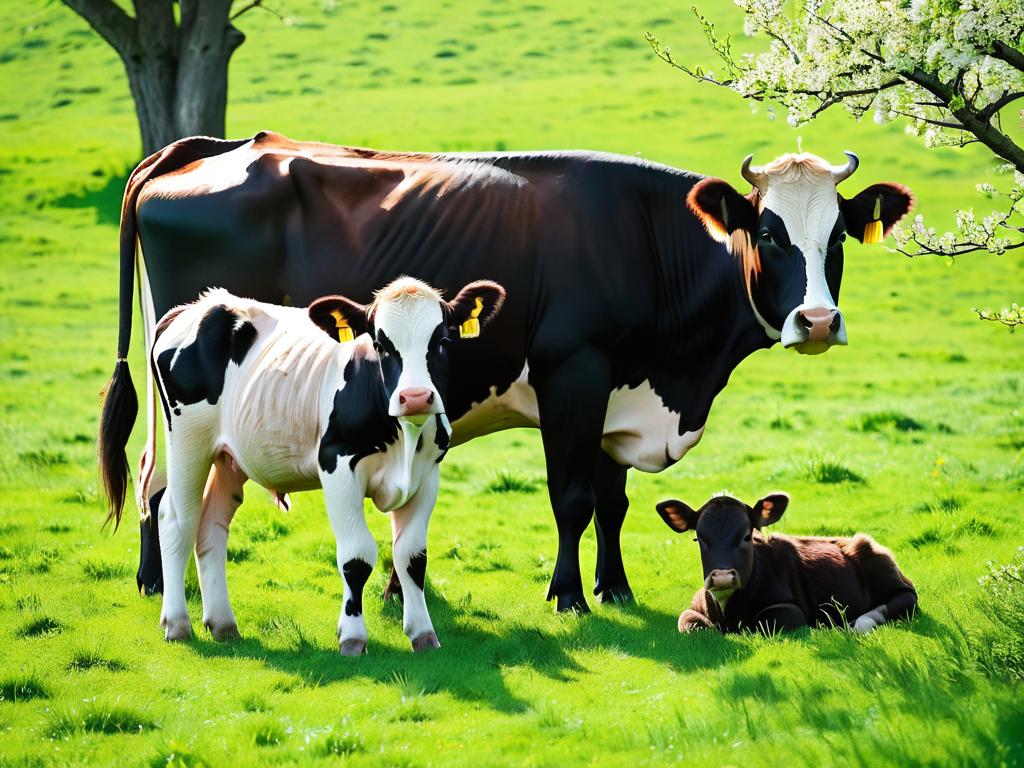 Корова с двумя телятами на зеленом лугу в солнечный весенний день