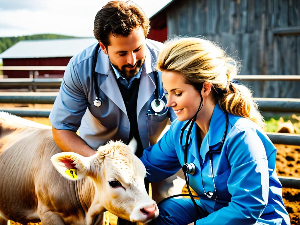 Ветеринарный врач слушает сердцебиение теленка через стетоскоп на ферме