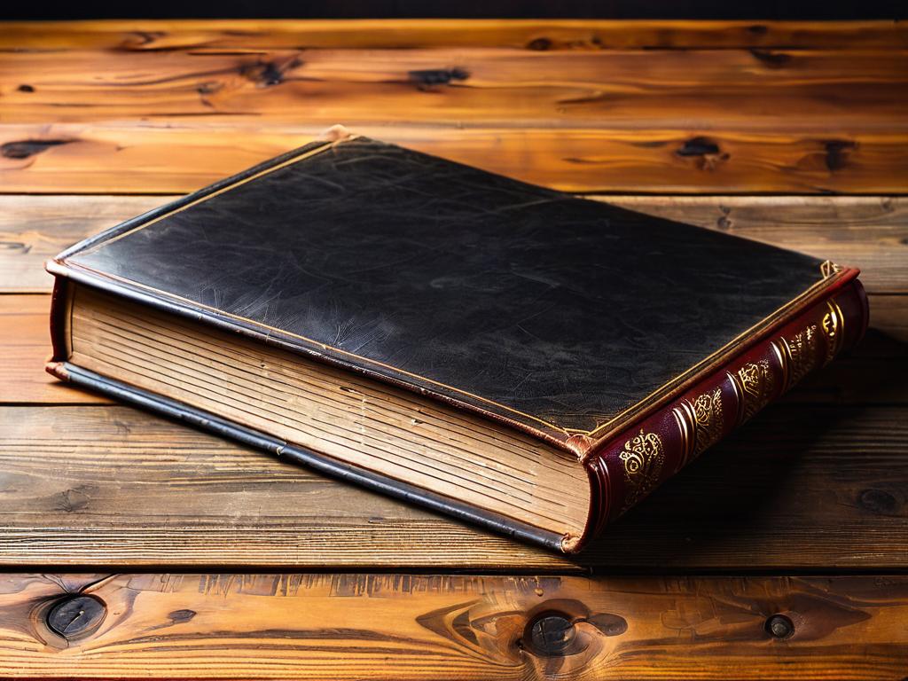 Старая книга в кожаном переплете лежит открытая на деревянном столе