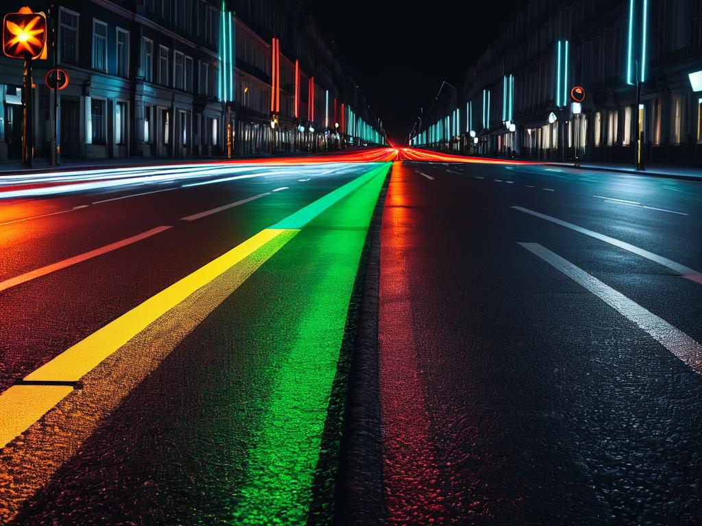 Дорожная разметка на пустой ночной улице, освещенной светофорами