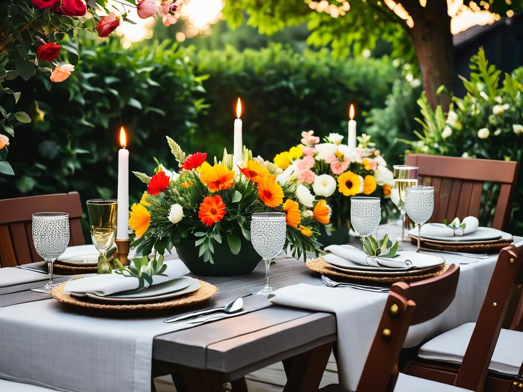 Накрытый обеденный стол на природе, красиво украшенный цветами, свечами и блюдами. Описание