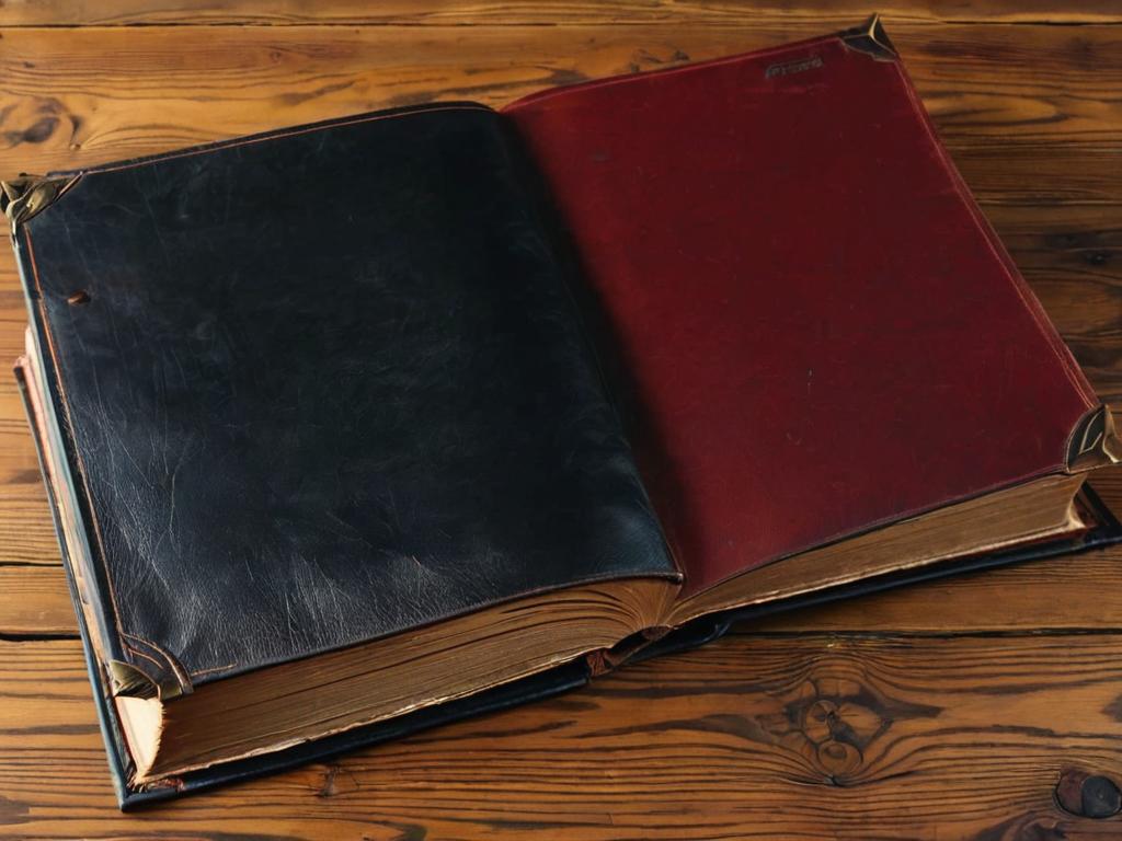 Старая книга в кожаном переплете лежит открытой на деревянном столе