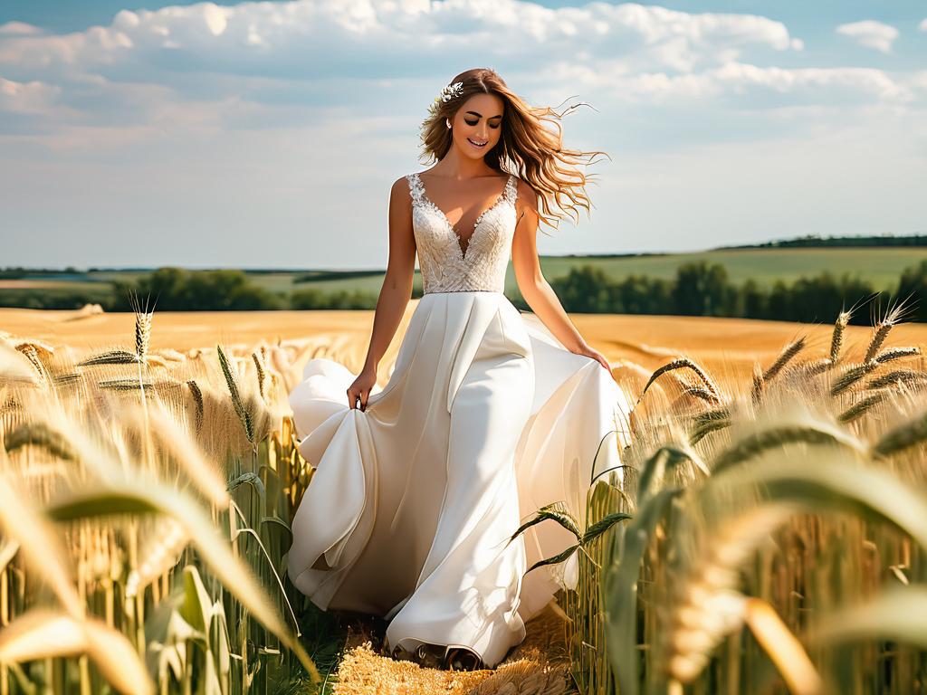 Невеста Варвара в свадебном платье идет по пшеничному полю и думает о женихе