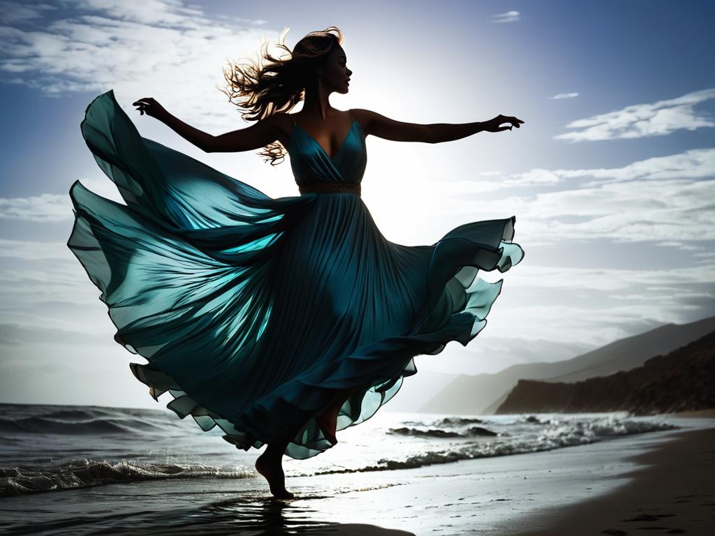 Силуэт девушки в развевающемся платье, свободно танцующей, символизируя авантюризм и склонность к