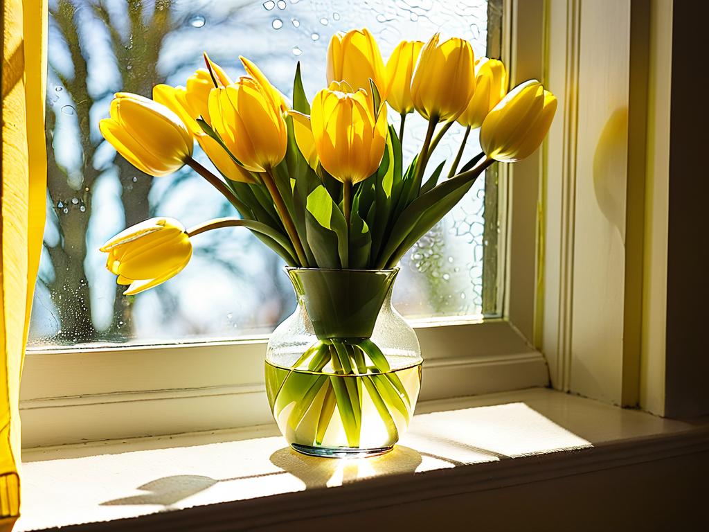Желтые тюльпаны в стеклянной вазе на подоконнике с падающим солнечным светом