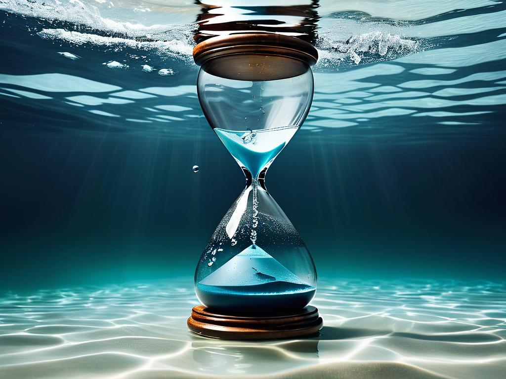 Песочные часы, тонущие в воде, символично отражают течение времени и уход вещей в небытие