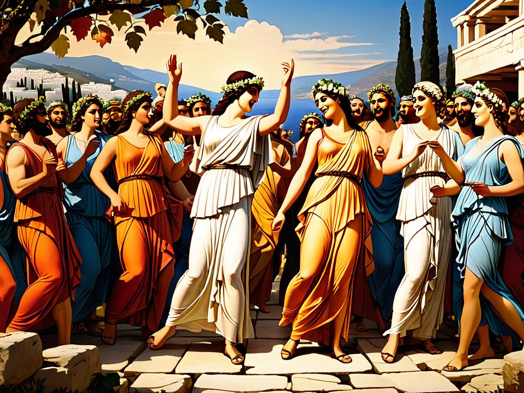 Древнегреческая иллюстрация людей поющих и танцующих на празднике в честь Диониса - бога вина.