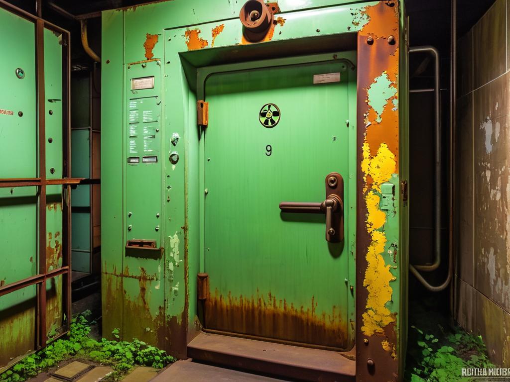 Ржавая герметичная дверь в заброшенном убежище от ядерного заражения