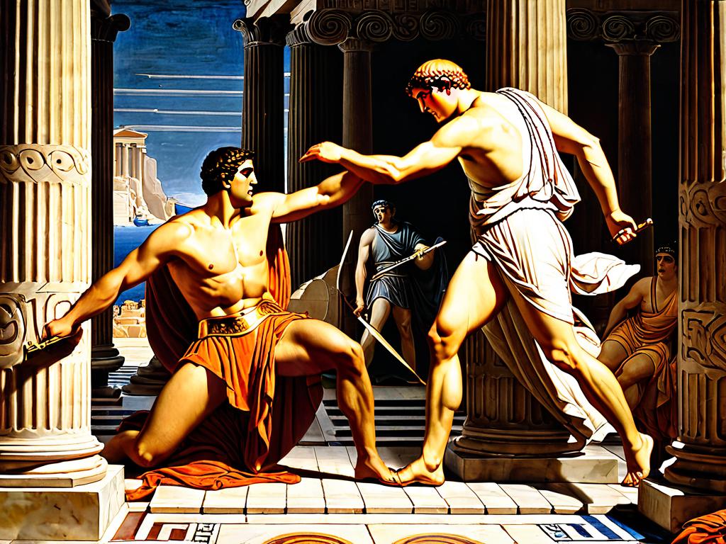 Картина, изображающая древнегреческого героя Тесея, убивающего злодея Прокруста