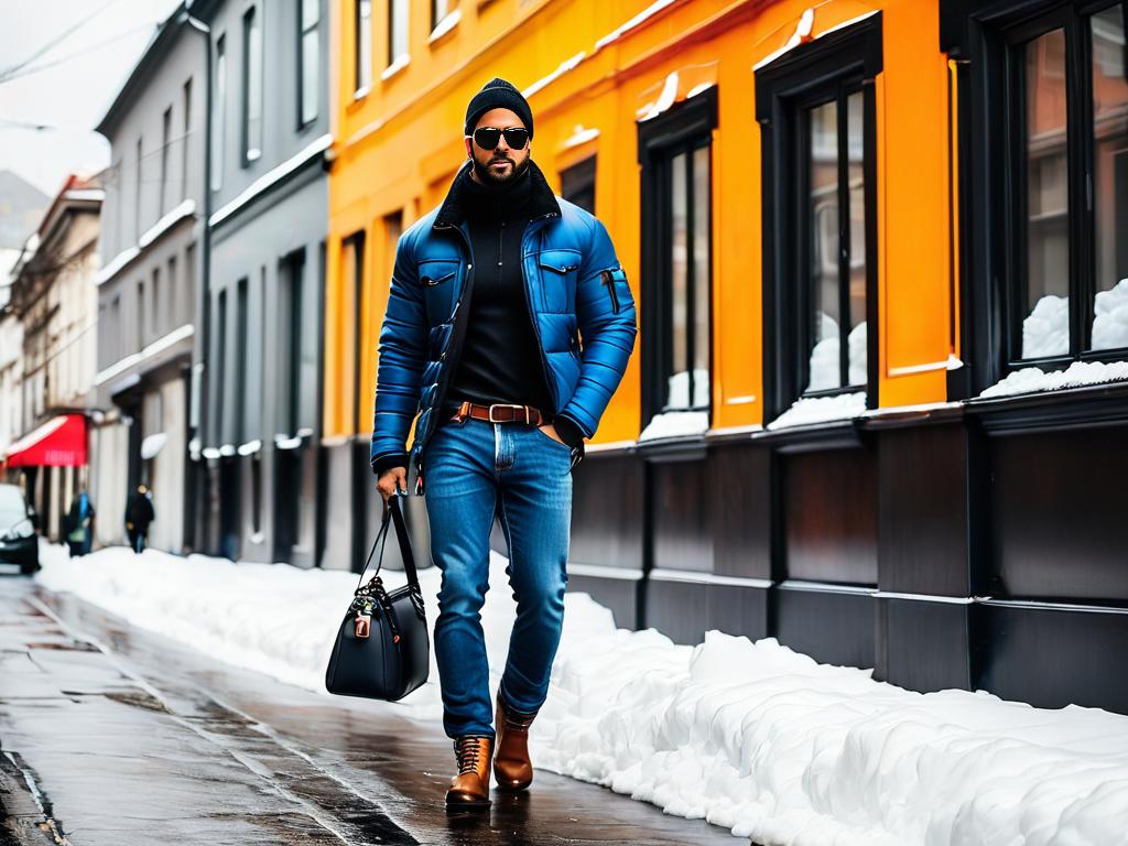 Зимние уличные стильные образы с утепленными мужскими джинсами