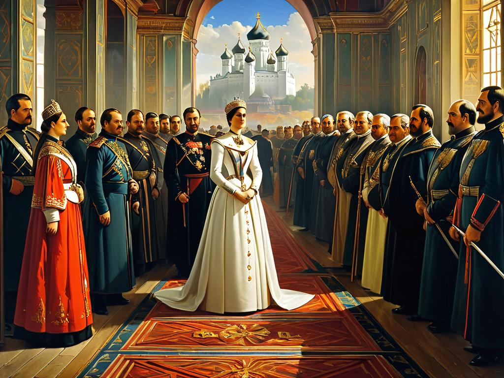 На картине изображена княгиня Ольга, учреждающая административное деление Новгорода