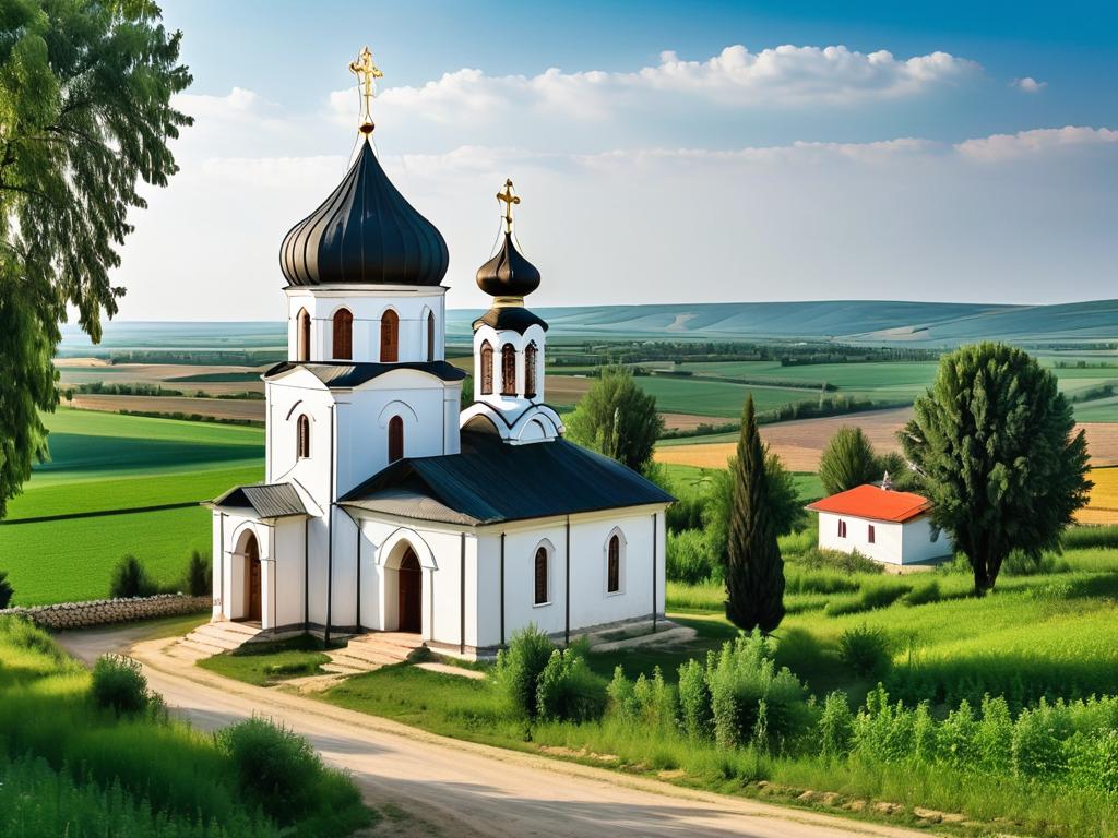 Православный храм в сельской местности, символизирующий приходскую роль погостов
