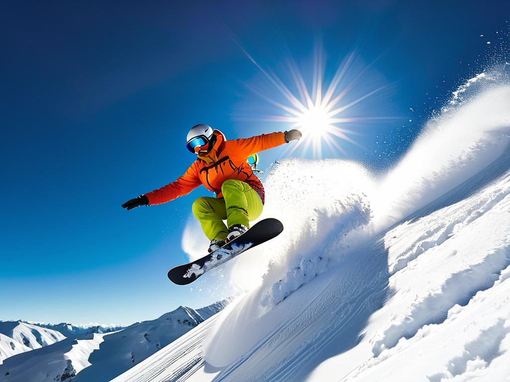 Человек катается на сноуборде по снежному склону горы на фоне голубого неба как пример
