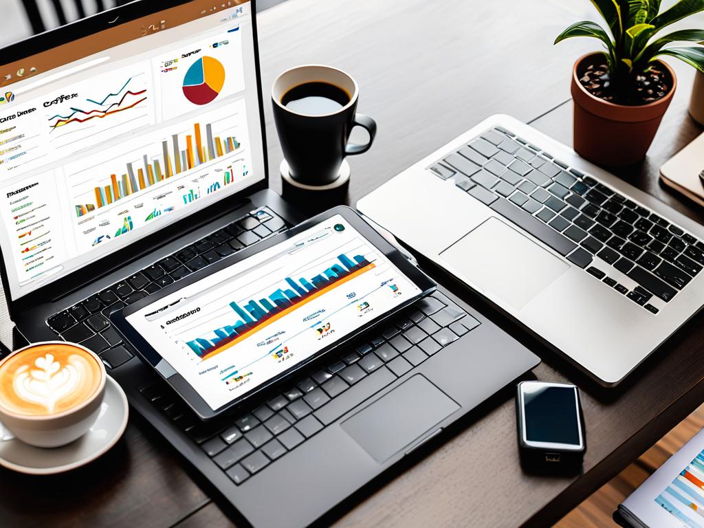 Фото ноутбука, телефона, графиков и кофе на столе, символизирующие запуск интернет бизнеса или айти